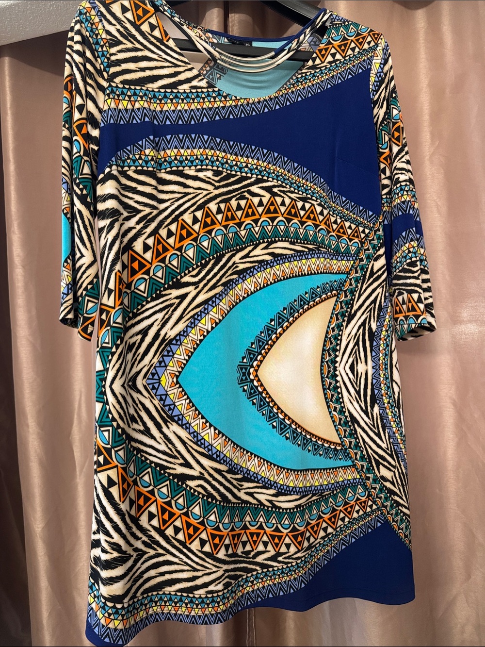 Enfocus Studio Blue Turquoise Black & Orange Geometric Zebra-Print Tunic Dress
